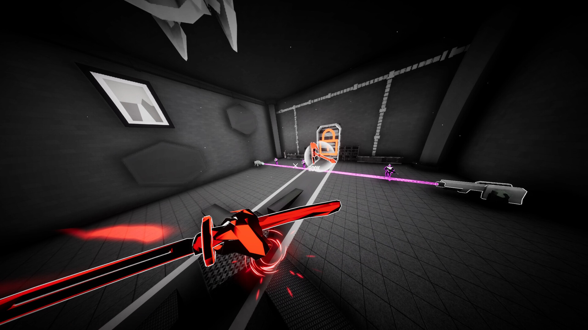 First-person view of a red melee weapon with a hook grapple lock extended toward an enemy in a dark Dimenshot arena.