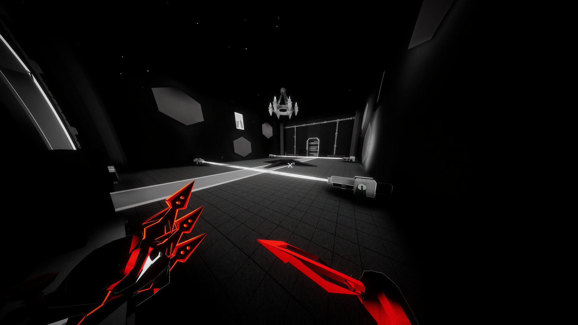 First-person combat view with a red clawed hand and a red dagger, looking across a low-poly arena in Dimenshot.